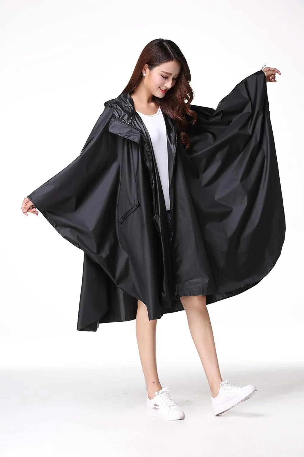 Womens Rain Poncho Stylish Polyester Waterproof Raincoat Free Size with Hood Zipper