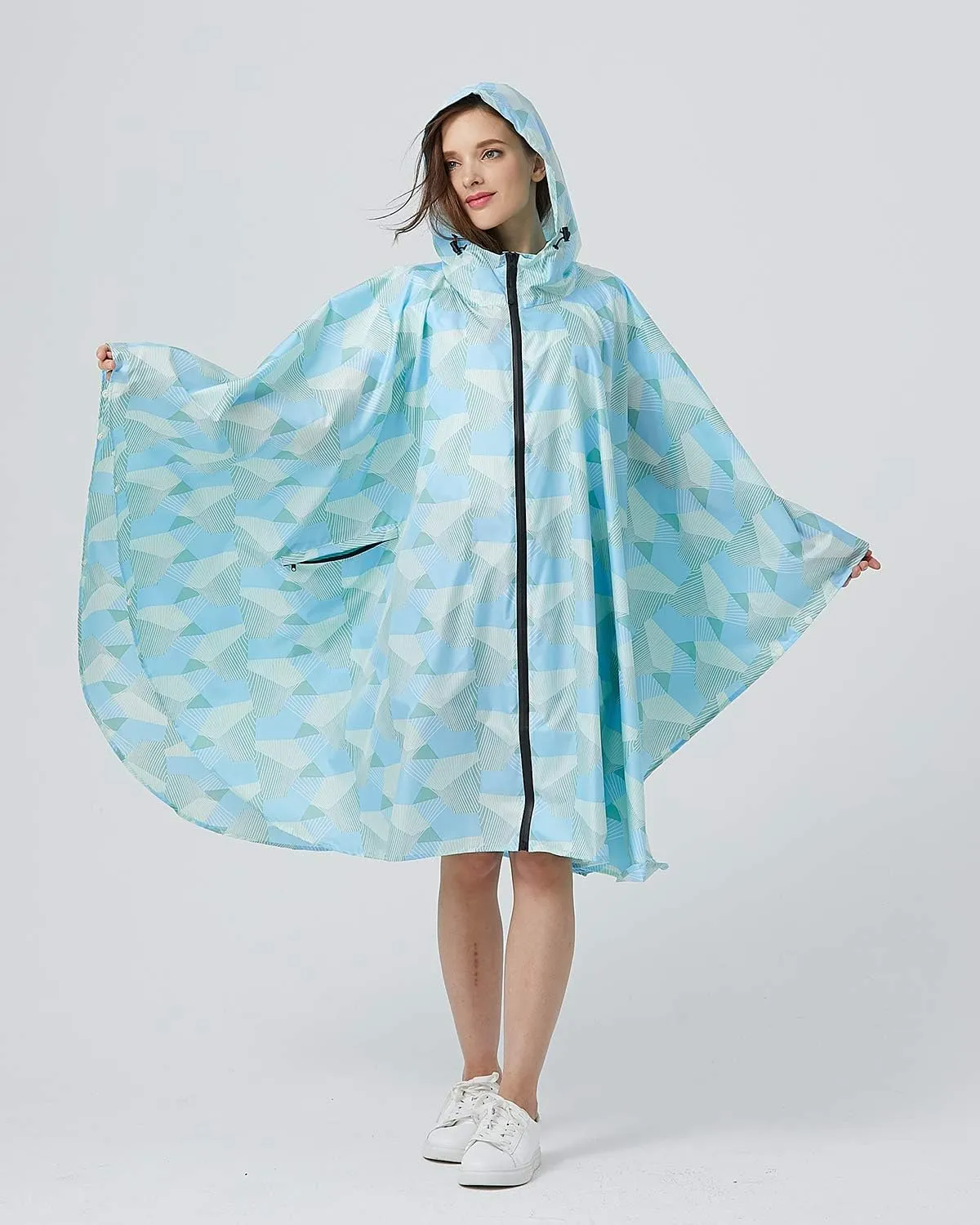 Womens Rain Poncho Stylish Polyester Waterproof Raincoat Free Size with Hood Zipper