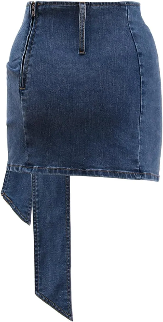 Women's Sexy Mini Jean Skirts Big Bow High Waisted Y2K Trendy Stretchy Bodycon Denim Skirts