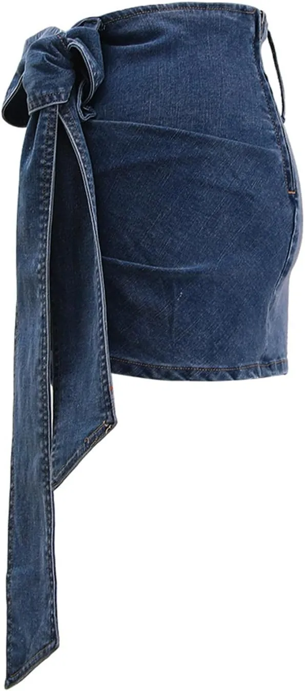 Women's Sexy Mini Jean Skirts Big Bow High Waisted Y2K Trendy Stretchy Bodycon Denim Skirts