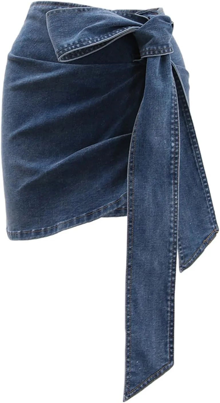 Women's Sexy Mini Jean Skirts Big Bow High Waisted Y2K Trendy Stretchy Bodycon Denim Skirts