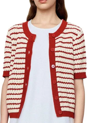 Womens Short Sleeve Summer Cardigan Button Down Sweater Casual Crew Neck Striped Top Trendy