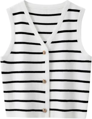 Women's Sleeveless Striped Sweater Vest Cropped Button Down Knit Vest Tops 2025 Trendy Outfits