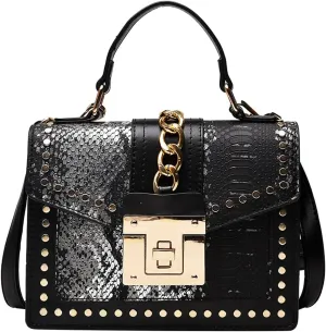 Women's Snake Printed Handbag and Purse PU Leather Flap Stitching Crossbody Shoulder Bag Rivet Top Handle Satchel Bagbag269OWOISS
