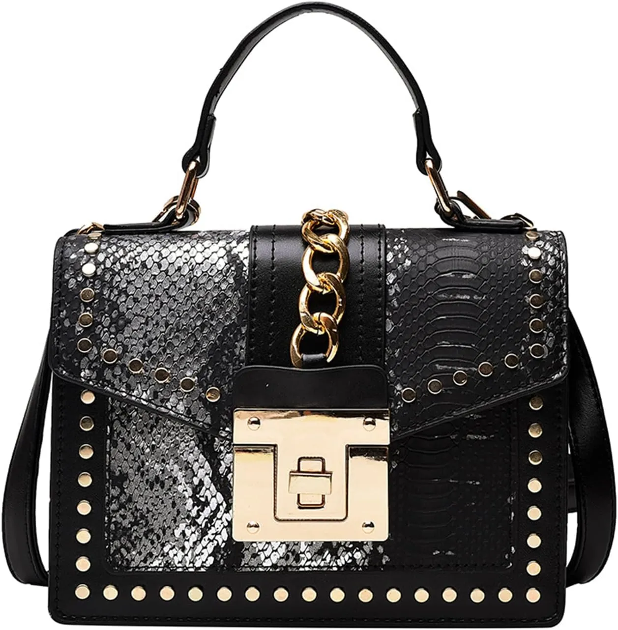 Women's Snake Printed Handbag and Purse PU Leather Flap Stitching Crossbody Shoulder Bag Rivet Top Handle Satchel Bagbag269OWOISS