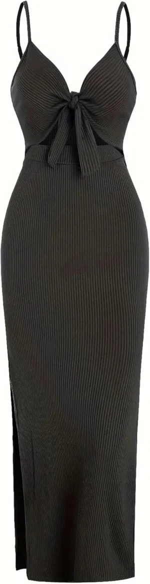 Women's Spring Summer Knit Simple Sleeveless Suspender Dress in Leaking Back Sexy Long Skirt