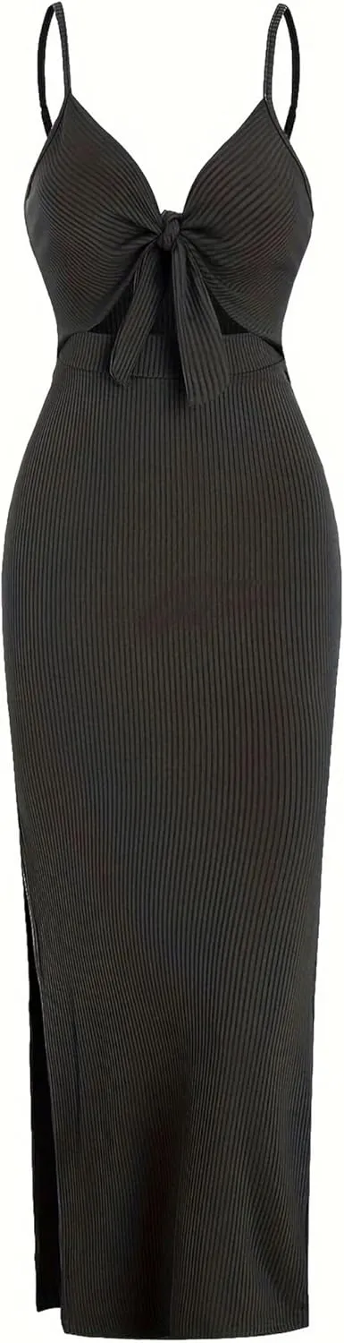 Women's Spring Summer Knit Simple Sleeveless Suspender Dress in Leaking Back Sexy Long Skirt