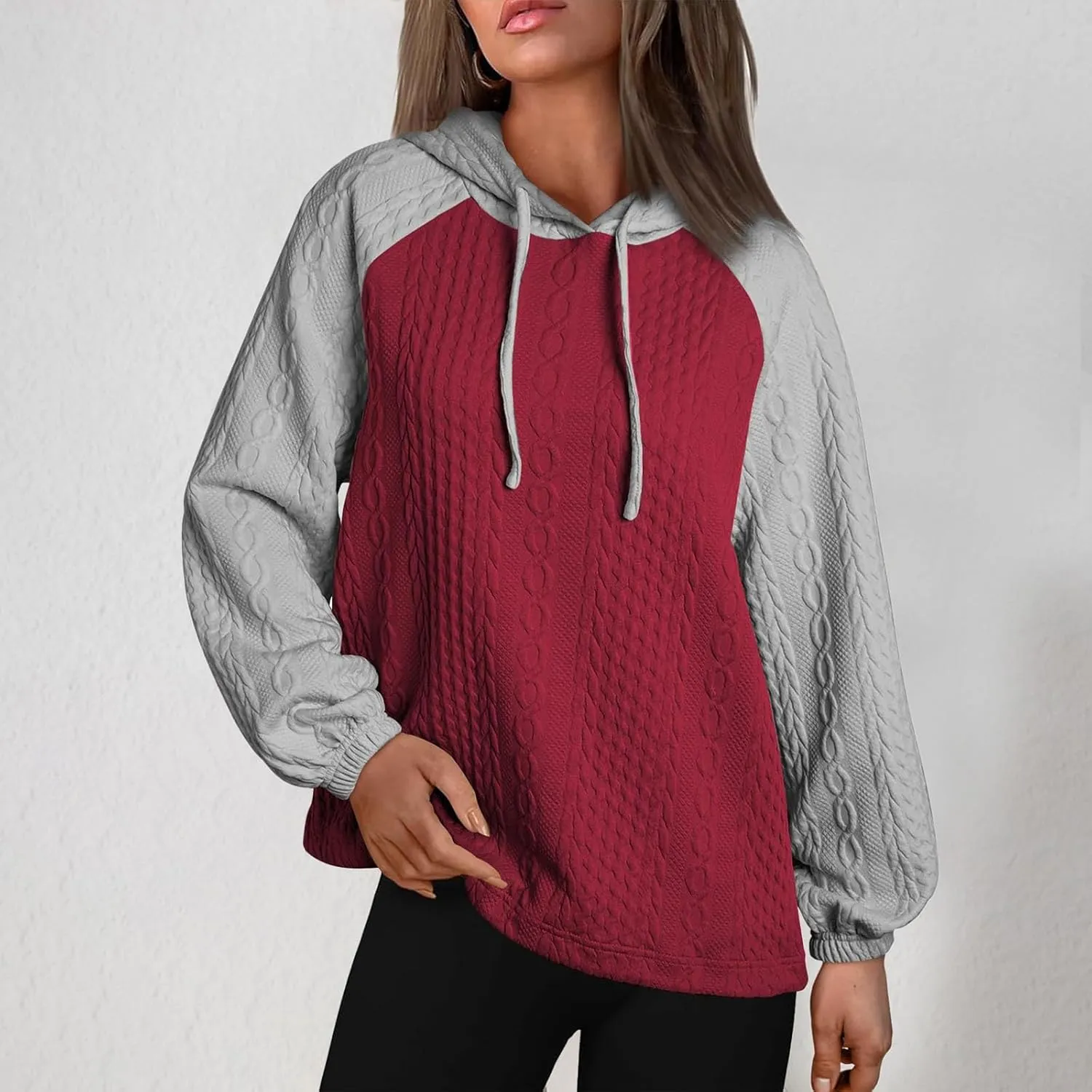Women's Trendy Fall Tops Casual Oversized Hoodies Color Block Long Sleeve Sweatshirt Drawstring Hooded Pullover