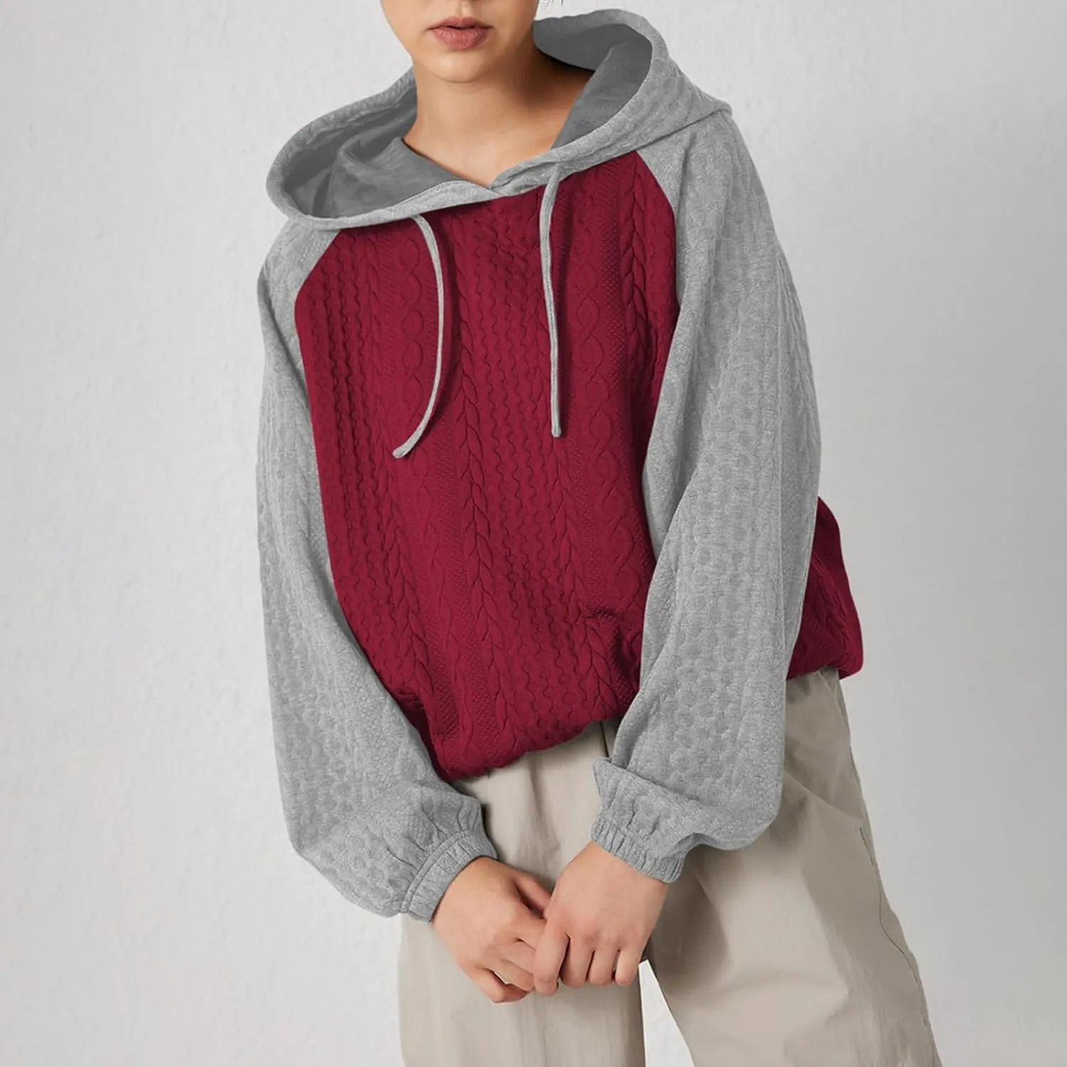 Women's Trendy Fall Tops Casual Oversized Hoodies Color Block Long Sleeve Sweatshirt Drawstring Hooded Pullover