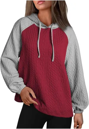 Women's Trendy Fall Tops Casual Oversized Hoodies Color Block Long Sleeve Sweatshirt Drawstring Hooded Pullover