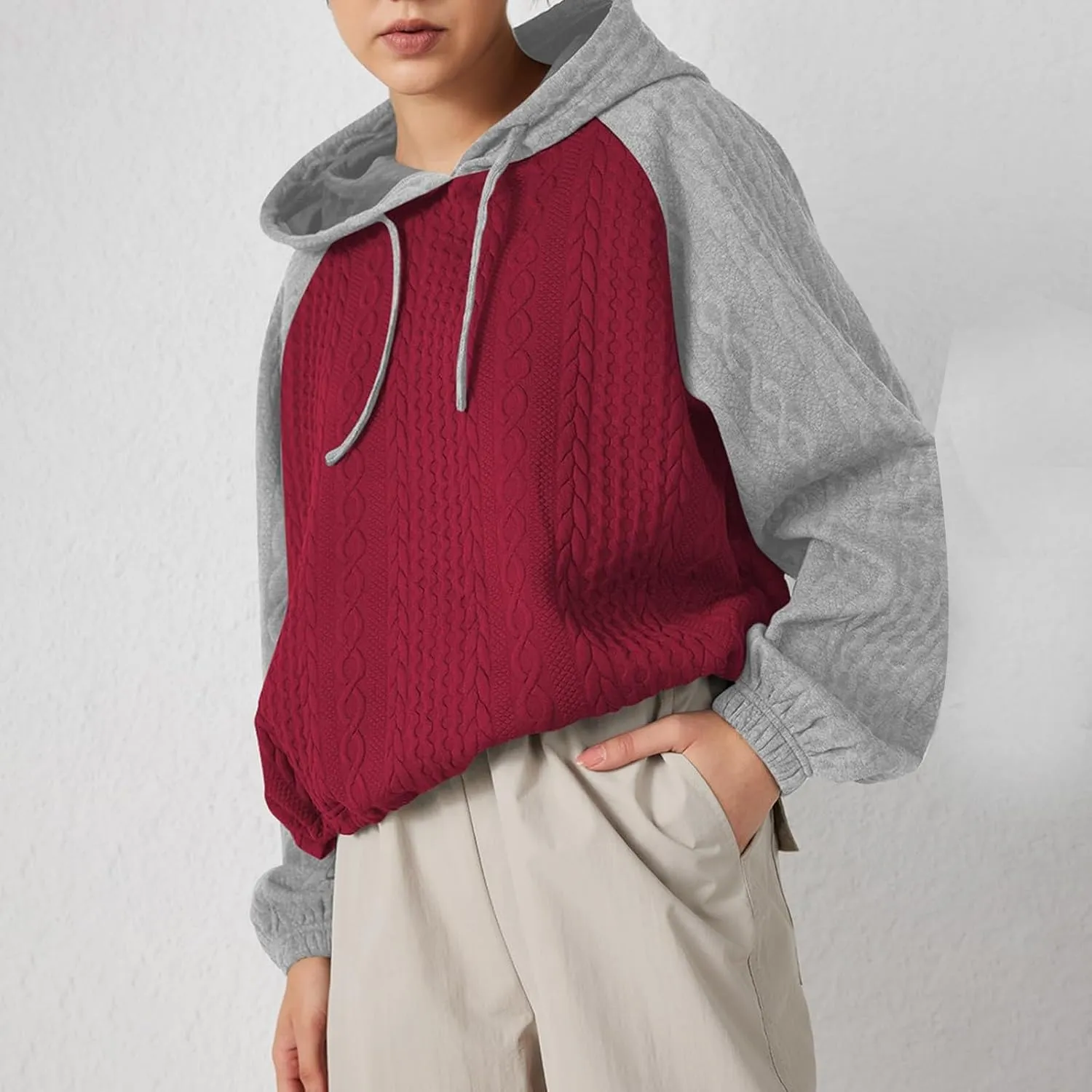 Women's Trendy Fall Tops Casual Oversized Hoodies Color Block Long Sleeve Sweatshirt Drawstring Hooded Pullover