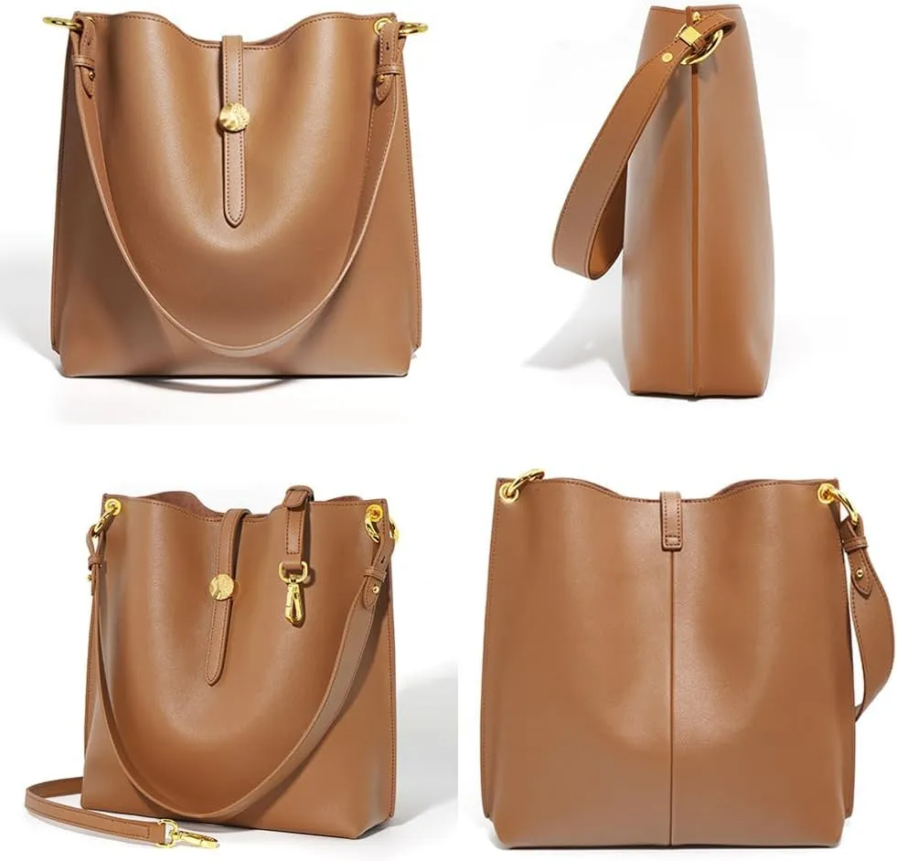Womens Trendy Genuine Leather Shoulder Crossbody Bag Large Bucket Tote Purse Handbags Working Satchels 2pcs