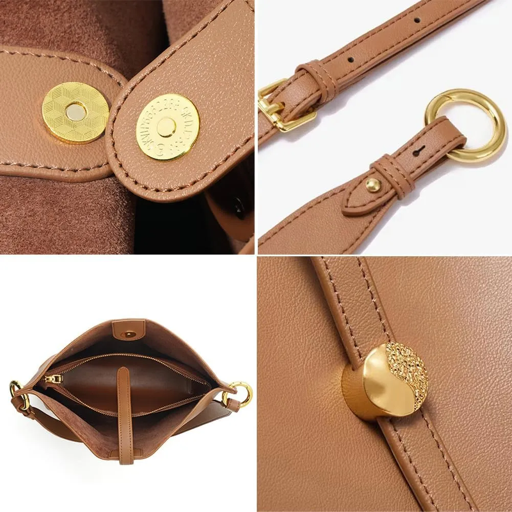 Womens Trendy Genuine Leather Shoulder Crossbody Bag Large Bucket Tote Purse Handbags Working Satchels 2pcs