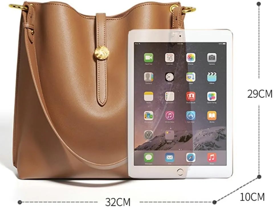 Womens Trendy Genuine Leather Shoulder Crossbody Bag Large Bucket Tote Purse Handbags Working Satchels 2pcs