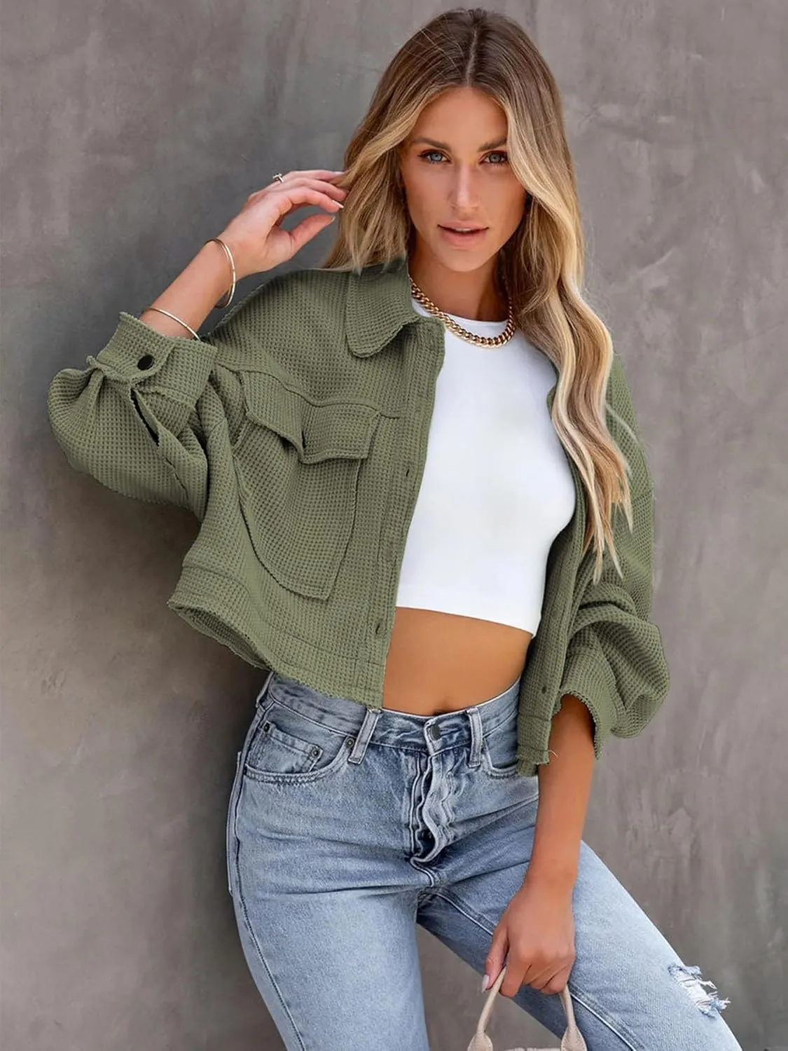 Women's Waffle Knit Cropped Jacket Short Shacket Casual Cadigan Trendy Clothes S-XL