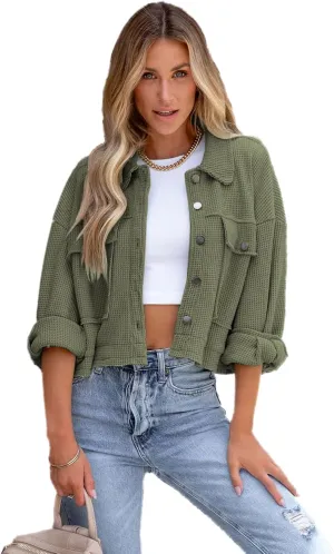 Women's Waffle Knit Cropped Jacket Short Shacket Casual Cadigan Trendy Clothes S-XL