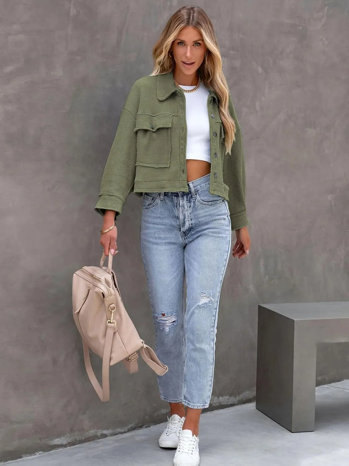 Women's Waffle Knit Cropped Jacket Short Shacket Casual Cadigan Trendy Clothes S-XL