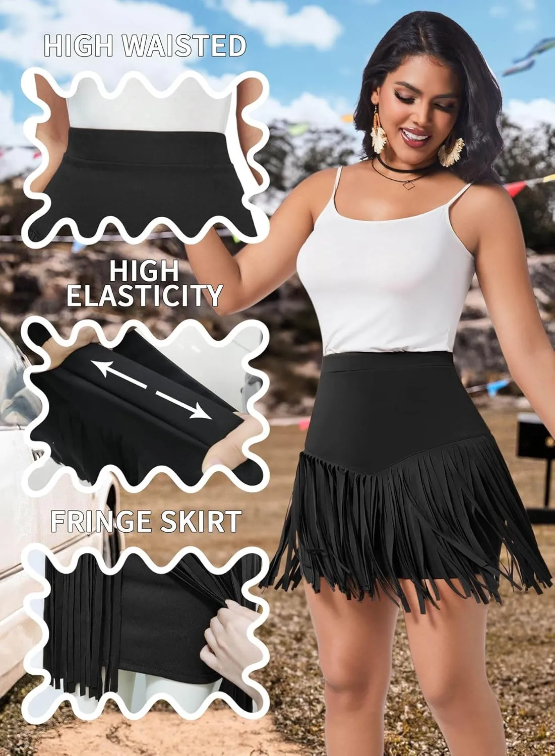 Womens Western Cowgirl Fringe Skirt - Country Concert Outfit Rodeo Tassel Booty Pole Dance Rave Festival Bottoms