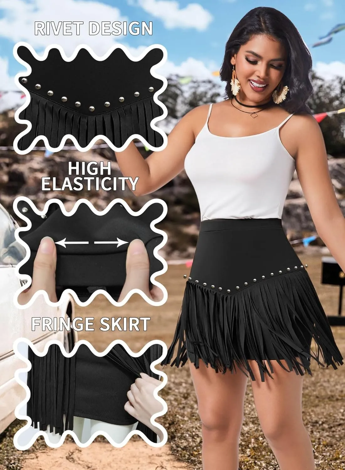 Womens Western Cowgirl Fringe Skirt - Country Concert Outfit Rodeo Tassel Booty Pole Dance Rave Festival Bottoms
