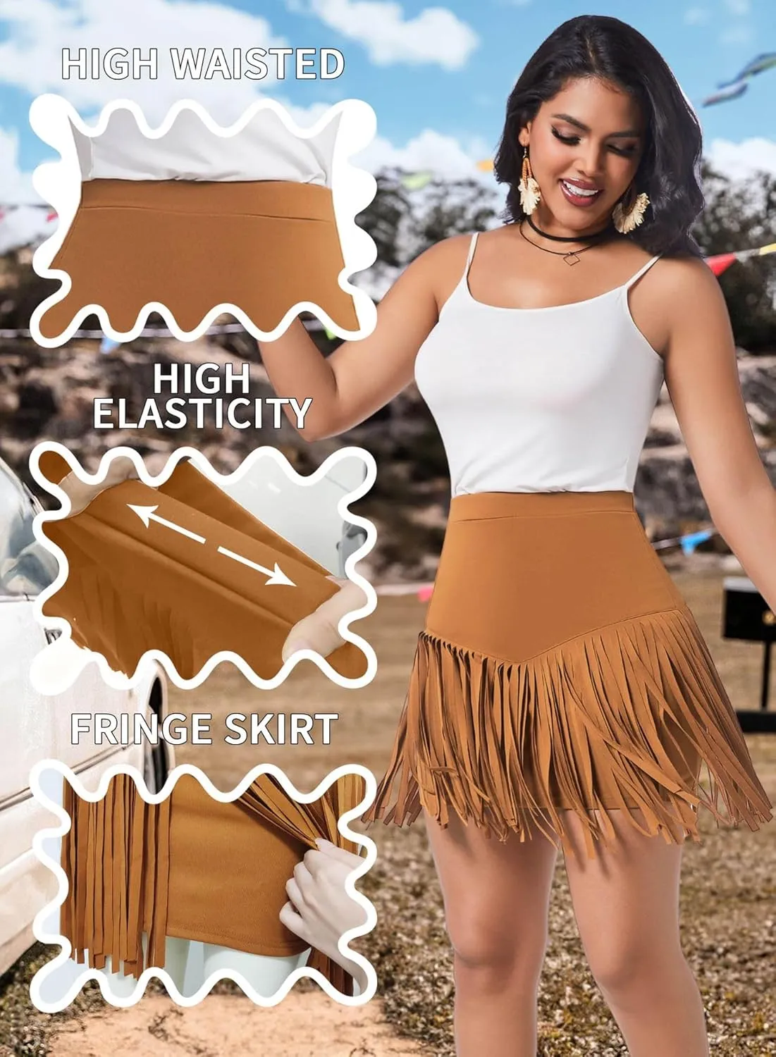 Womens Western Cowgirl Fringe Skirt - Country Concert Outfit Rodeo Tassel Booty Pole Dance Rave Festival Bottoms