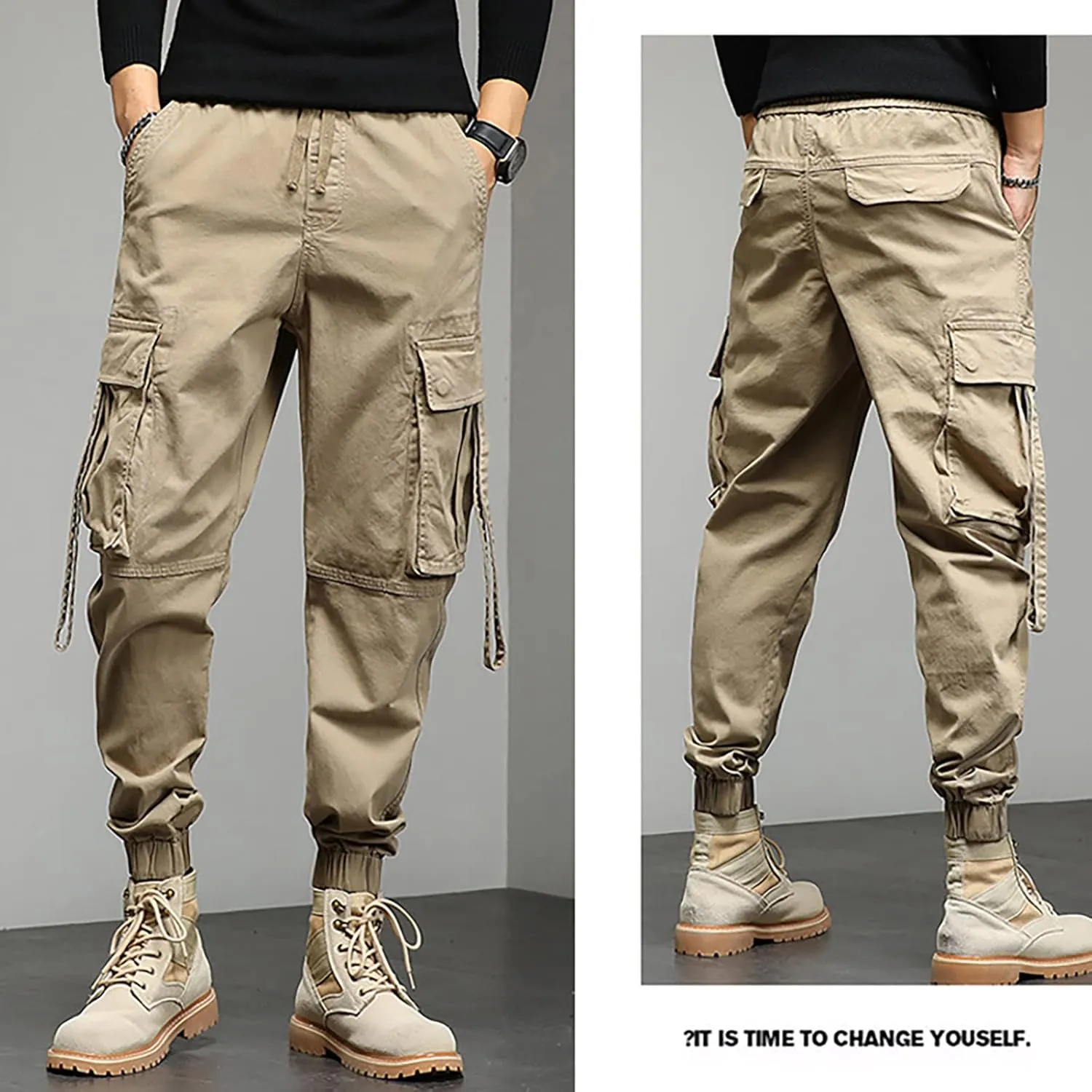 Work Pants for Men Slim Fit Casual Hiking Pants Workout Joggers Stretch Outdoor Twill Track Sweatpants Multi Pockets
