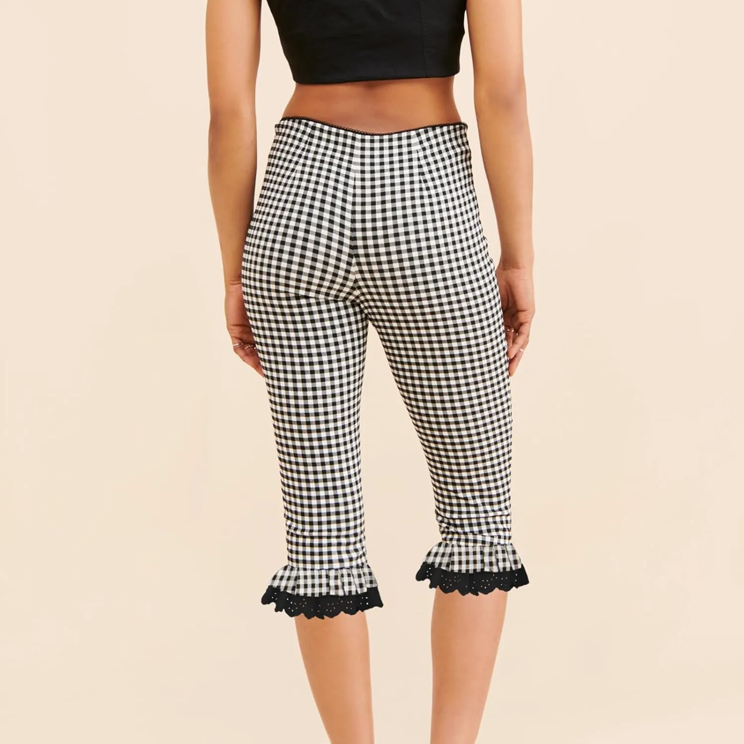 Y2k Capri Pants for Women Trendy Lace Ruffle Hem Flare Leggings Bell Bottom Skinny Gingham Cropped Bloomer Trousers