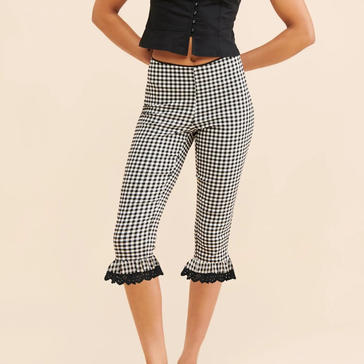 Y2k Capri Pants for Women Trendy Lace Ruffle Hem Flare Leggings Bell Bottom Skinny Gingham Cropped Bloomer Trousers