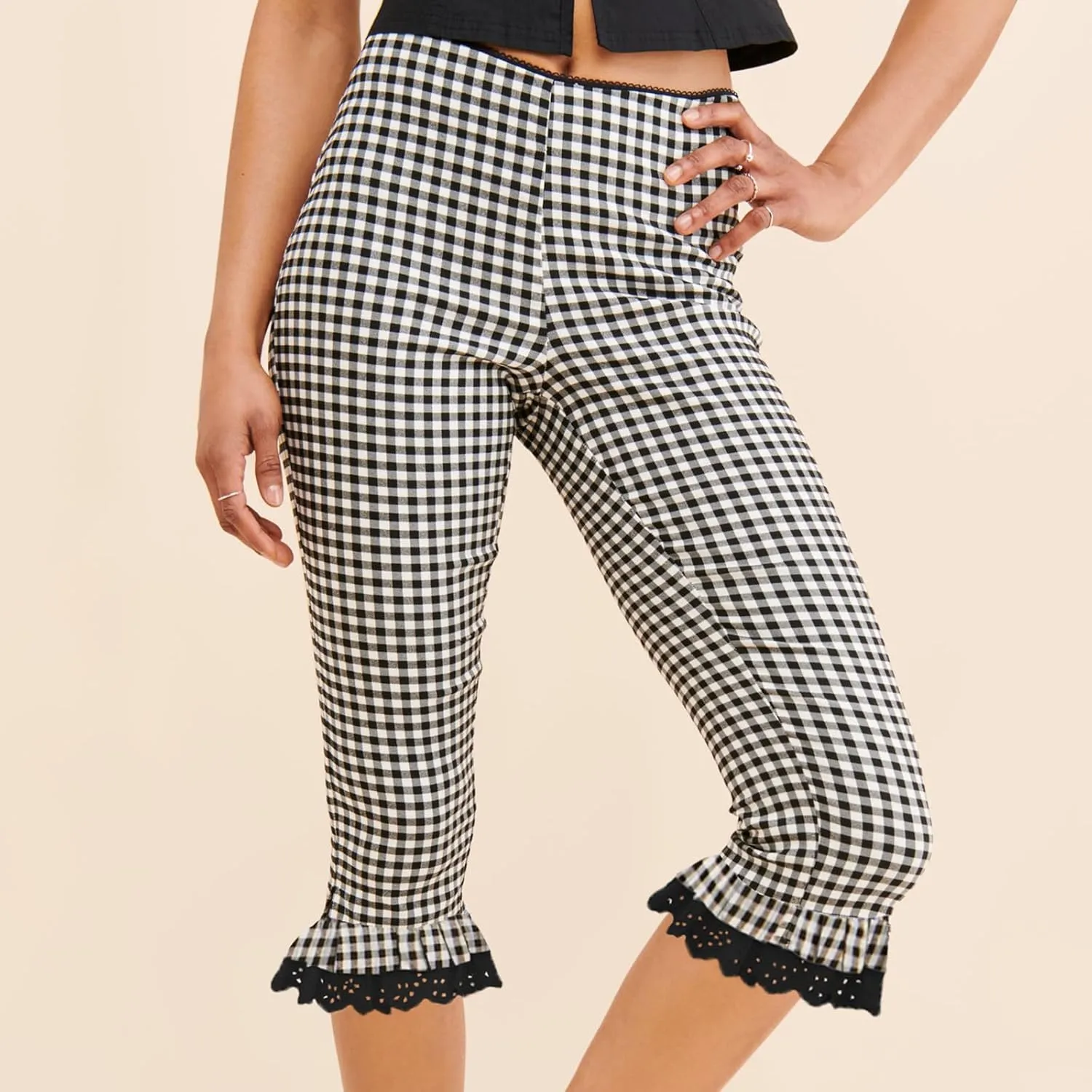 Y2k Capri Pants for Women Trendy Lace Ruffle Hem Flare Leggings Bell Bottom Skinny Gingham Cropped Bloomer Trousers
