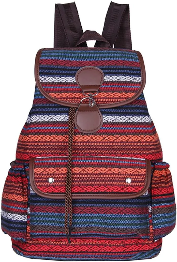 Yaopeing Vintage Backpack for Women,Boho Casual Backpack Purse,Unique Style Fashion Ethnic Handbag Shoulder Bag,Red