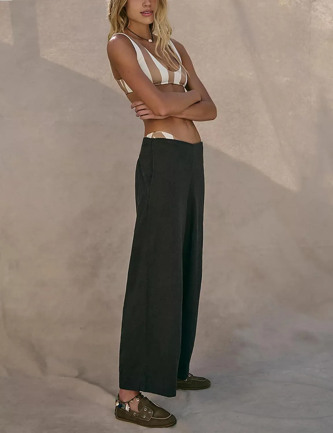 Zhiyouni Women's Cotton Linen Palazzo Pants Summer Casual Wide Leg High Waisted Trousers